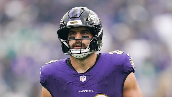 Nov 23, 2025; Baltimore, Maryland, USA;  Baltimore Ravens tight end Mark Andrews (89) looks on during the first quarter against the New York Jets at M&T Bank Stadium. Mandatory Credit: Mitch Stringer-Imagn Images