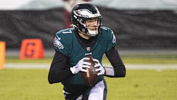 Jan 3, 2021; Philadelphia, Pennsylvania, USA; Philadelphia Eagles quarterback Nate Sudfeld (7) in action against the Washington Football Team at Lincoln Financial Field. Mandatory Credit: Bill Streicher-Imagn Images