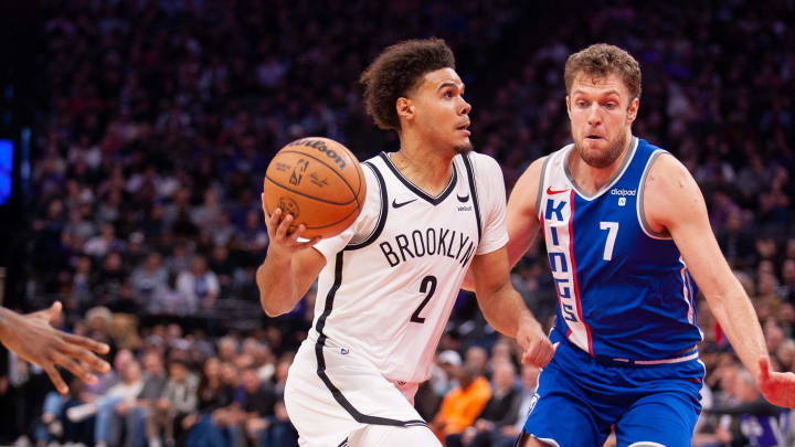 Dec 11, 2023; Sacramento, California, USA; Brooklyn Nets forward Cameron Johnson (2) drives to the basket against the Sacramento Kings during the fourth quarter at Golden 1 Center. Mandatory Credit: Ed Szczepanski-USA TODAY Sports