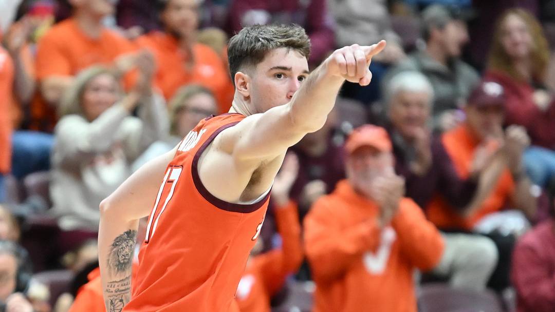Feb 21, 2026; Blacksburg, Virginia, USA;  Virginia Tech Hokies guard Neoklis Avdalas (17) points to the fans after dunking the ball against the Wake Forest Demon Deacons during the second half at Cassell Coliseum. Mandatory Credit: Brian Bishop-Imagn Images