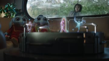 (L-R) Neel’s siblings and Wim (Rav Cabot Conyers) in Lucasfilm’s STAR WARS: SKELETON CREW, exclusively on Disney+. Photo courtesy of Lucasfilm. ©2024 Lucasfilm Ltd. & TM. All Rights Reserved.