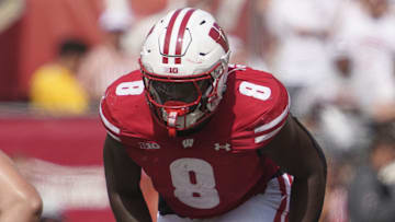 Sep 14, 2024; Madison, Wisconsin, USA;  Wisconsin Badgers linebacker Leon Lowery Jr. (8) during the game against the Alabama Crimson Tide at Camp Randall Stadium. Mandatory Credit: Jeff Hanisch-Imagn Images