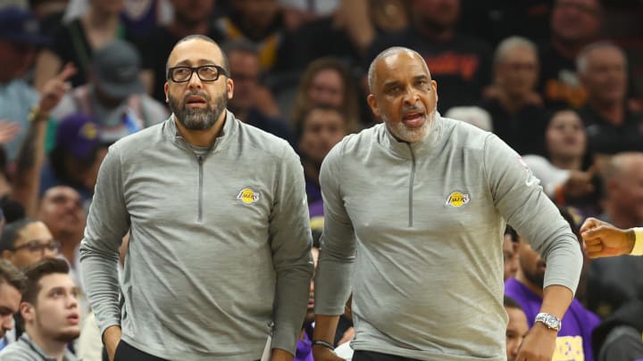 Apr 5, 2022; Phoenix, Arizona, USA; Los Angeles Lakers assistant coach David Fizdale (left) and Phil Handy against the Phoenix Suns at Footprint Center. Mandatory Credit: Mark J. Rebilas-USA TODAY Sports