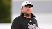 Mississippi State Bulldogs coach Jeff Lebby walks off the field between plays during the third quarter against the Texas A&M Aggies  at Davis Wade Stadium at Scott Field.