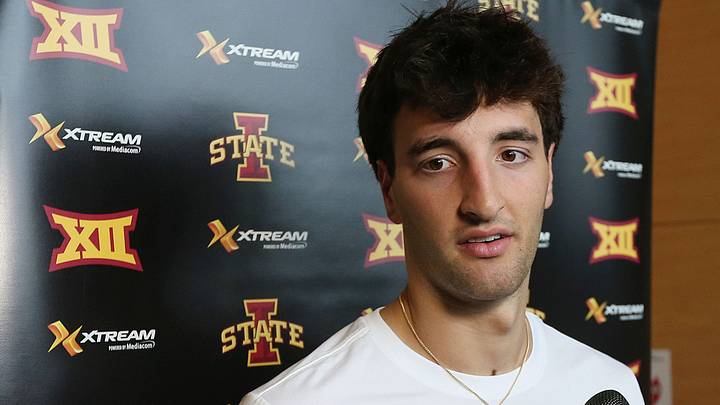 Former Iowa State forward Milan Momcilovic talks to media during an interview at Iowa State’s Sukup Basketball complex on Thursday, June 20, 2024, Ames, Iowa