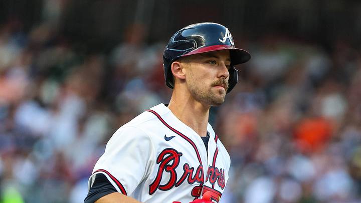 Jun 17, 2026; Cumberland, Georgia, USA; Atlanta Braves center fielder Eli White (36) runs to first base after a hit against the San Francisco Giants during the second inning at Truist Park. Mandatory Credit: Jordan Godfree-Imagn Images
