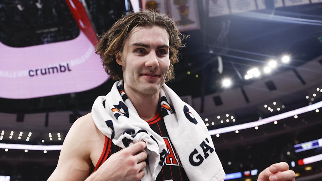 Oct 31, 2025; Chicago, Illinois, USA; Chicago Bulls guard Josh Giddey (3) celebrates after team's win against the New York Knicks at United Center. Mandatory Credit: Kamil Krzaczynski-Imagn Images