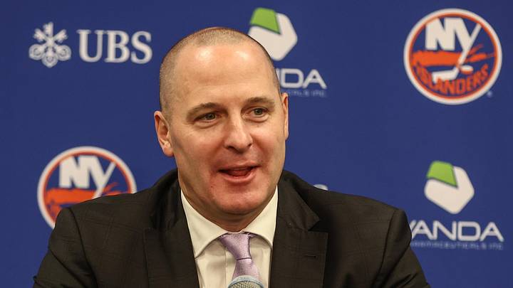 Nov 22, 2025; Elmont, New York, USA; New York Islanders General Manager Mathieu Darche speaks with fans at a pre-game event prior to the game against the St. Louis Blues at UBS Arena. Mandatory Credit: Wendell Cruz-Imagn Images