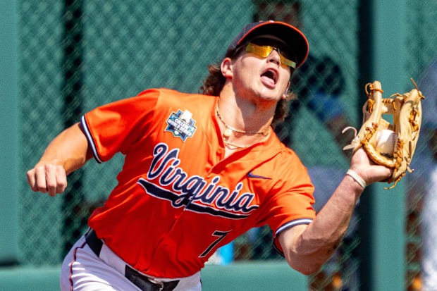 Virginia Cavaliers left fielder Aidan Teel (7) gets an out during the eighth inning against the North Carolina Tar Heels.