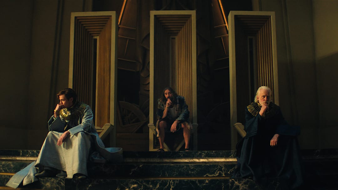Cassian Bilton, Lee Pace and Terrence Mann in "Foundation," premiering July 11, 2025 on Apple TV+.
