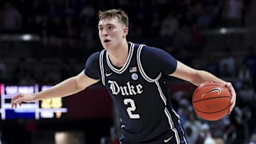 Jan 4, 2025; Dallas, Texas, USA;  Duke Blue Devils guard Cooper Flagg (2) controls the ball during the first half against the Southern Methodist Mustangs at Moody Coliseum. Mandatory Credit: Kevin Jairaj-Imagn Images