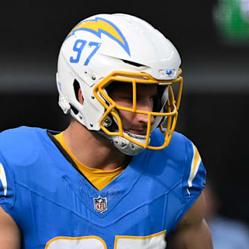 Nov 10, 2024; Inglewood, California, USA; Los Angeles Chargers linebacker Joey Bosa (97) during the second quarter against the Tennessee Titans at SoFi Stadium. Mandatory Credit: Robert Hanashiro-Imagn Images