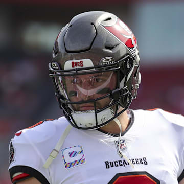 Oct 22, 2023; Tampa, Florida, USA;  Tampa Bay Buccaneers quarterback Baker Mayfield (6) warms up before a game against the Atlanta Falcons at Raymond James Stadium. Mandatory Credit: Nathan Ray Seebeck-Imagn Images