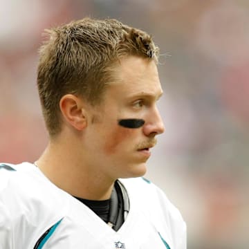 Nov 18, 2012; Houston, TX, USA; Jacksonville Jaguars quarterback Blaine Gabbert (11) on the sidelines against the Houston Texans in the third quarter at Reliant Stadium. The Texans defeated the Jaguars 43-37.  Mandatory Credit: Brett Davis-Imagn Images