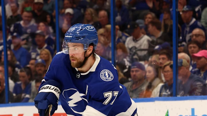 Apr 11, 2024; Tampa, Florida, USA; Tampa Bay Lightning defenseman Victor Hedman (77) skates with the puck against the Ottawa Senators during the second period at Amalie Arena. Mandatory Credit: Kim Klement Neitzel-USA TODAY Sports