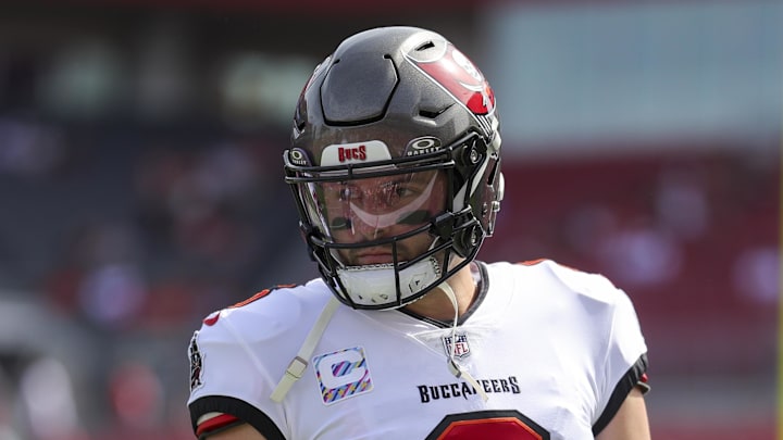 Oct 22, 2023; Tampa, Florida, USA;  Tampa Bay Buccaneers quarterback Baker Mayfield (6) warms up before a game against the Atlanta Falcons at Raymond James Stadium. Mandatory Credit: Nathan Ray Seebeck-Imagn Images