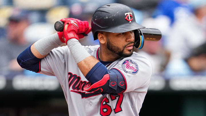 Sep 22, 2022; Kansas City, Missouri, USA; Minnesota Twins center fielder Gilberto Celestino (67) bats against the Kansas City Royals during the fifth inning at Kauffman Stadium. Mandatory Credit: Jay Biggerstaff-USA TODAY Sports