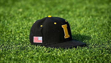 An Iowa baseball hat is seen during Hawkeyes baseball media day.