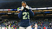 Nov 24, 2024; Seattle, Washington, USA; Seattle Seahawks cornerback Devon Witherspoon (21) walks off the field after the game against the Arizona Cardinals at Lumen Field. Mandatory Credit: Steven Bisig-Imagn Images