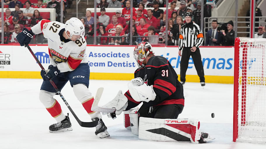 Andersen attempts a save on a shot from Thomas Nosek. | James Guillory-Imagn Images