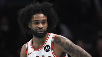 Nov 28, 2025; Charlotte, North Carolina, USA; Chicago Bulls guard Coby White (0) reacts after scoring during the second half against the Charlotte Hornets at the Spectrum Center. Mandatory Credit: Sam Sharpe-Imagn Images
