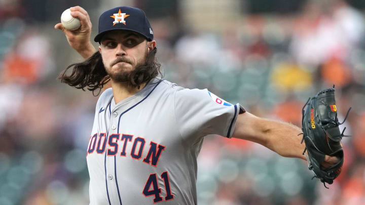 Aug 22, 2024; Baltimore, Maryland, USA; Houston Astros pitcher Spencer Arrighetti (41) throws a pitch during the first inning against the Baltimore Orioles at Oriole Park at Camden Yards