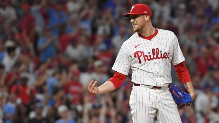 Jul 10, 2024; Philadelphia, Pennsylvania, USA; Philadelphia Phillies pitcher Jeff Hoffman (23) celebrates final out against the Los Angeles Dodgers at Citizens Bank Park.