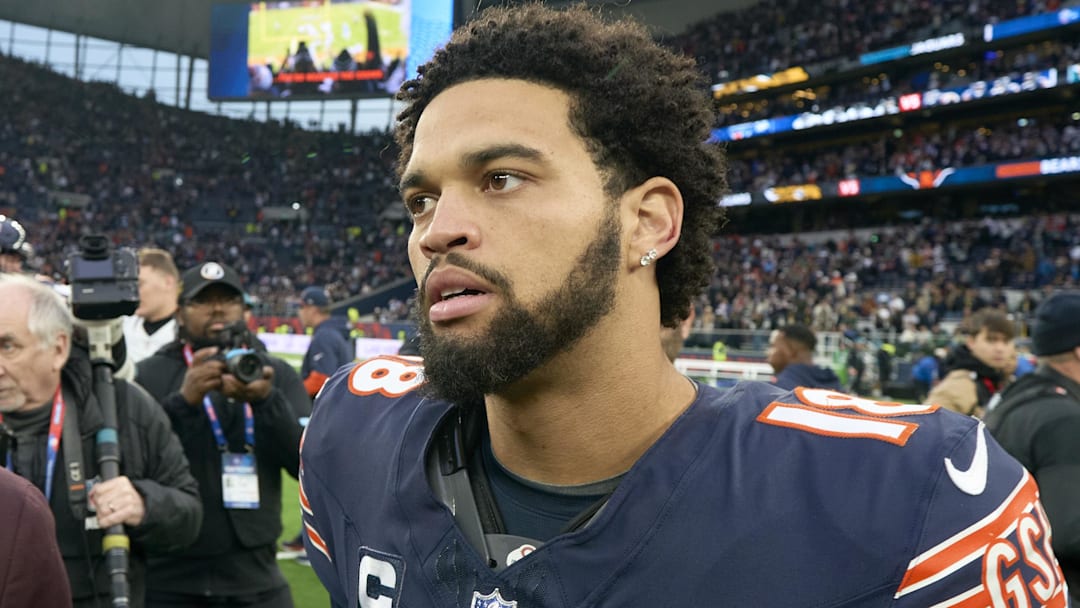 Chicago Bears quarterback Caleb Williams (18) on the field after an NFL International Series game.