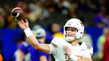 Jan 1, 2024; New Orleans, LA, USA; Texas Longhorns quarterback Arch Manning (16) warms up before playing against the Washington Huskies in the 2024 Sugar Bowl college football playoff semifinal game at Caesars Superdome. Mandatory Credit: John David Mercer-USA TODAY Sports