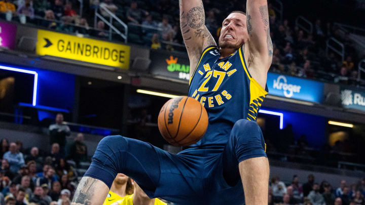 Feb 13, 2023; Indianapolis, Indiana, USA; Indiana Pacers center Daniel Theis (27) shoots the ball in the second half against the Utah Jazz at Gainbridge Fieldhouse. Mandatory Credit: Trevor Ruszkowski-USA TODAY Sports