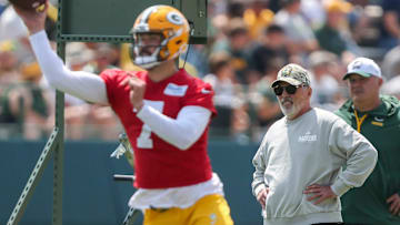 Green Bay Packers quarterbacks coach Tom Clements watches as quarterback Jacob Eason (7) throws a pass in a drill on Friday, July 26, 2024, at Ray Nitschke Field in Ashwaubenon, Wis.