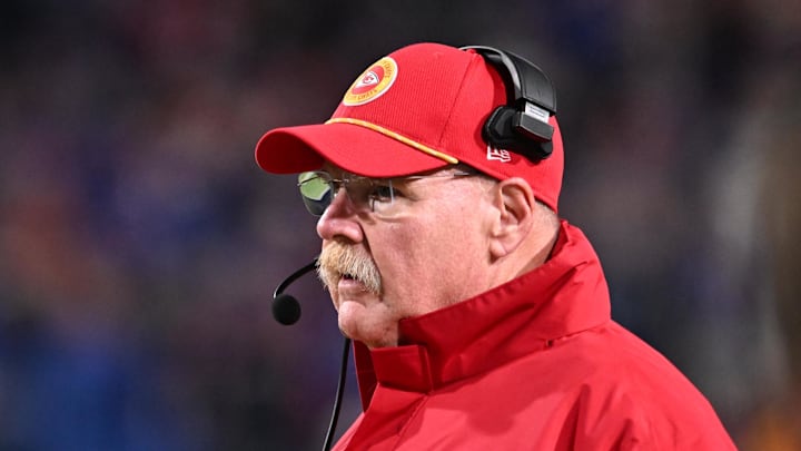 Nov 17, 2024; Orchard Park, New York, USA; Kansas City Chiefs head coach Andy Reid on the sidelines during a game against the Buffalo Bills at Highmark Stadium. Mandatory Credit: Mark Konezny-Imagn Images