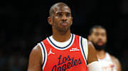 Nov 6, 2025; Phoenix, Arizona, USA; Los Angeles Clippers guard Chris Paul (3) against the Phoenix Suns at the Mortgage Matchup Center. Mandatory Credit: Mark J. Rebilas-Imagn Images