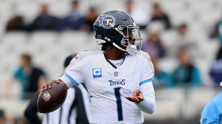 Jan 4, 2026; Jacksonville, Florida, USA; Tennessee Titans quarterback Cam Ward (1) throws a pass before the game against the Jacksonville Jaguars at EverBank Stadium. Mandatory Credit: Morgan Tencza-Imagn Images