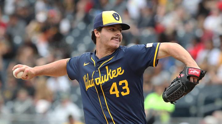 May 25, 2025; Pittsburgh, Pennsylvania, USA;  Milwaukee Brewers starting pitcher Logan Henderson (43) delivers a pitch against the Pittsburgh Pirates during the second inning at PNC Park. Mandatory Credit: Charles LeClaire-Imagn Images