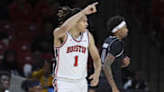 Houston Cougars guard Isiah Harwell (1) reacts after scoring a basket during the first half against the Jackson State Tigers at Fertitta Center.