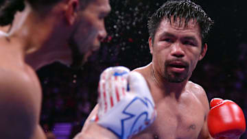 Manny Pacquiao and Keith Thurman box during their WBA welterweight championship bout at MGM Grand Garden Arena. 