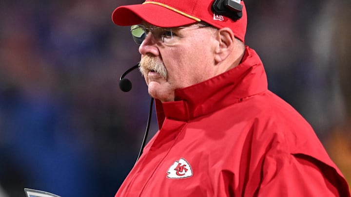 Nov 17, 2024; Orchard Park, New York, USA; Kansas City Chiefs head coach Andy Reid on the sidelines during a game against the Buffalo Bills at Highmark Stadium. Mandatory Credit: Mark Konezny-Imagn Images