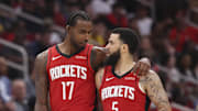 Apr 23, 2025; Houston, Texas, USA; Houston Rockets forward Tari Eason (17) talks with guard Fred VanVleet (5) during the third quarter during game two of the first round for the 2024 NBA Playoffs against the Golden State Warriors at Toyota Center. Mandatory Credit: Troy Taormina-Imagn Images