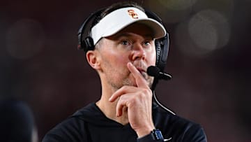 Nov 7, 2025; Los Angeles, California, USA; Southern California Trojans head coach Lincoln Riley watches game action against the Northwestern Wildcats during the second half at the Los Angeles Memorial Coliseum. Mandatory Credit: Gary A. Vasquez-Imagn Images