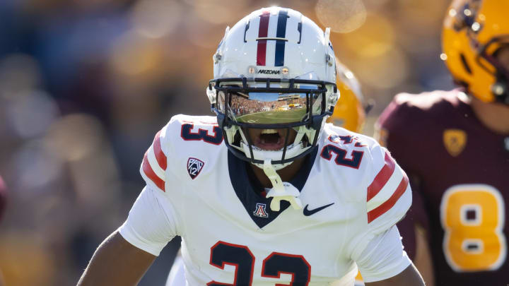 Nov 25, 2023; Tempe, Arizona, USA; Arizona Wildcats cornerback Tacario Davis (23) celebrates a play against the Arizona State Sun Devils in the first half of the Territorial Cup at Mountain America Stadium