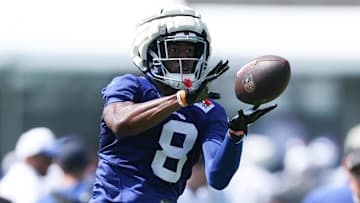 Jul 24, 2025; East Rutherford, NJ, USA; New York Giants wide receiver Beaux Collins (8) catches the ball during training camp at Quest Diagnostics Training Center. Mandatory Credit: Vincent Carchietta-Imagn Images