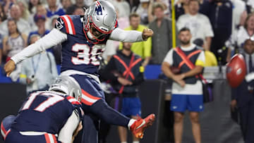 Oct 5, 2025; Orchard Park, New York, USA; New England Patriots kicker Andy Borregales (36) kicks a field goal against the Buffalo Bills during the first half at Highmark Stadium.