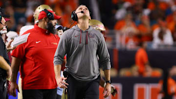 Oct 26, 2024; Miami Gardens, Florida, USA; Florida State Seminoles head coach Mike Norvell reacts from the sideline against the Miami Hurricanes during the fourth quarter at Hard Rock Stadium. Mandatory Credit: Sam Navarro-Imagn Images