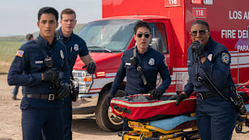 9-1-1: L-R: Anirudh Pisharody, Oliver Stark, Kenneth Choi and Aisha Hinds in the 9-1-1 episode airing Monday, May 16 (8:00-9:00 PM ET/PT) on FOX. CR: Jack Zeman/ FOX. © 2022 FOX MEDIA LLC. CR: FOX.