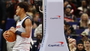Dec 7, 2024; Washington, District of Columbia, USA; Washington Wizards guard Jordan Poole (13) reacts after the final horn against the Denver Nuggets at Capital One Arena. Mandatory Credit: Geoff Burke-Imagn Images