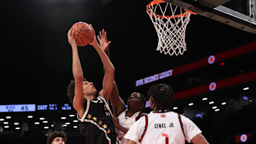 Apr 1, 2025; Brooklyn, NY, USA; McDonald's All American East forward Nate Ament (10) shoots the ball during the second half of the game at Barclays Center. Mandatory Credit: Pamela Smith-Imagn Images