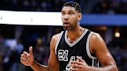 Apr 8, 2016; Denver, CO, USA; San Antonio Spurs center Tim Duncan (21) reacts after a call in the fourth quarter against the Denver Nuggets at the Pepsi Center. The Nuggets defeated the Spurs 102-98. Mandatory Credit: Isaiah J. Downing-Imagn Images