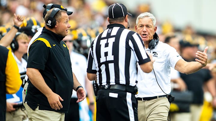 Iowa head coach Kirk Ferentz, right, and assistant defensive coordinator and linebackers coach Seth Wallace react during a NCAA football game against Iowa State, Saturday, Sept. 10, 2022, at Kinnick Stadium in Iowa City, Iowa.

220910 Isu Iowa Fb 056 Jpg