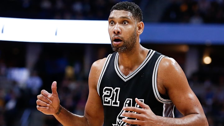 Apr 8, 2016; Denver, CO, USA; San Antonio Spurs center Tim Duncan (21) reacts after a call in the fourth quarter against the Denver Nuggets at the Pepsi Center. The Nuggets defeated the Spurs 102-98. Mandatory Credit: Isaiah J. Downing-Imagn Images Apr 8, 2016; Denver, CO, USA; San Antonio Spurs center Tim Duncan (21) reacts after a call in the fourth quarter against the Denver Nuggets at the Pepsi Center. The Nuggets defeated the Spurs 102-98. Mandatory Credit: Isaiah J. Downing-Imagn Images